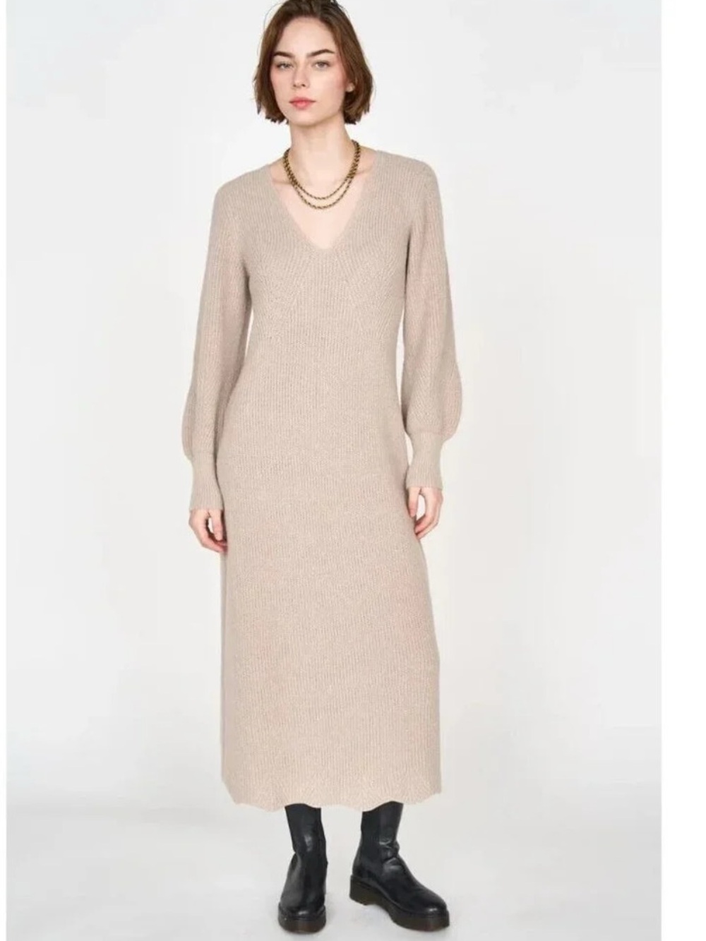 Mirth Bellagio Sweater Dress Medium Baby Alpaca Merino Wool Long Sleeve Taupe C3